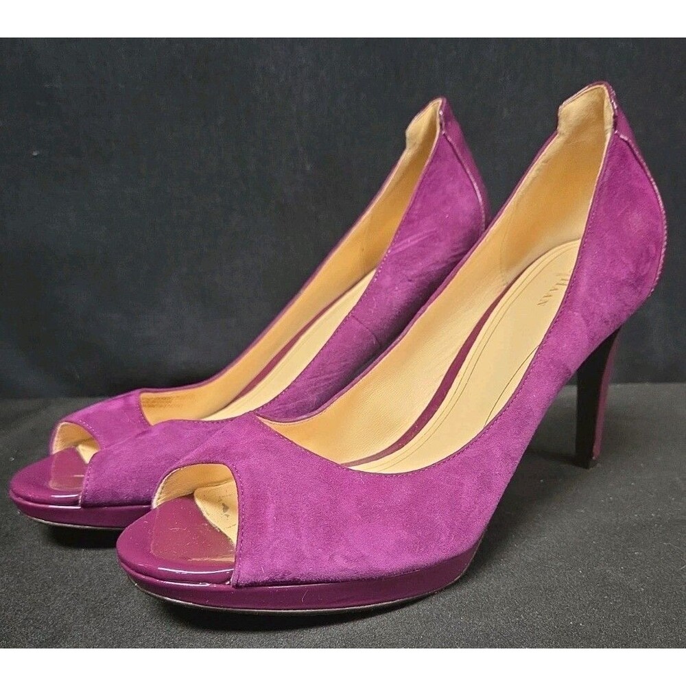 Cole Haan Heel Pump Women 10.5 B Purple Suede Patent Leather Peep Toe High